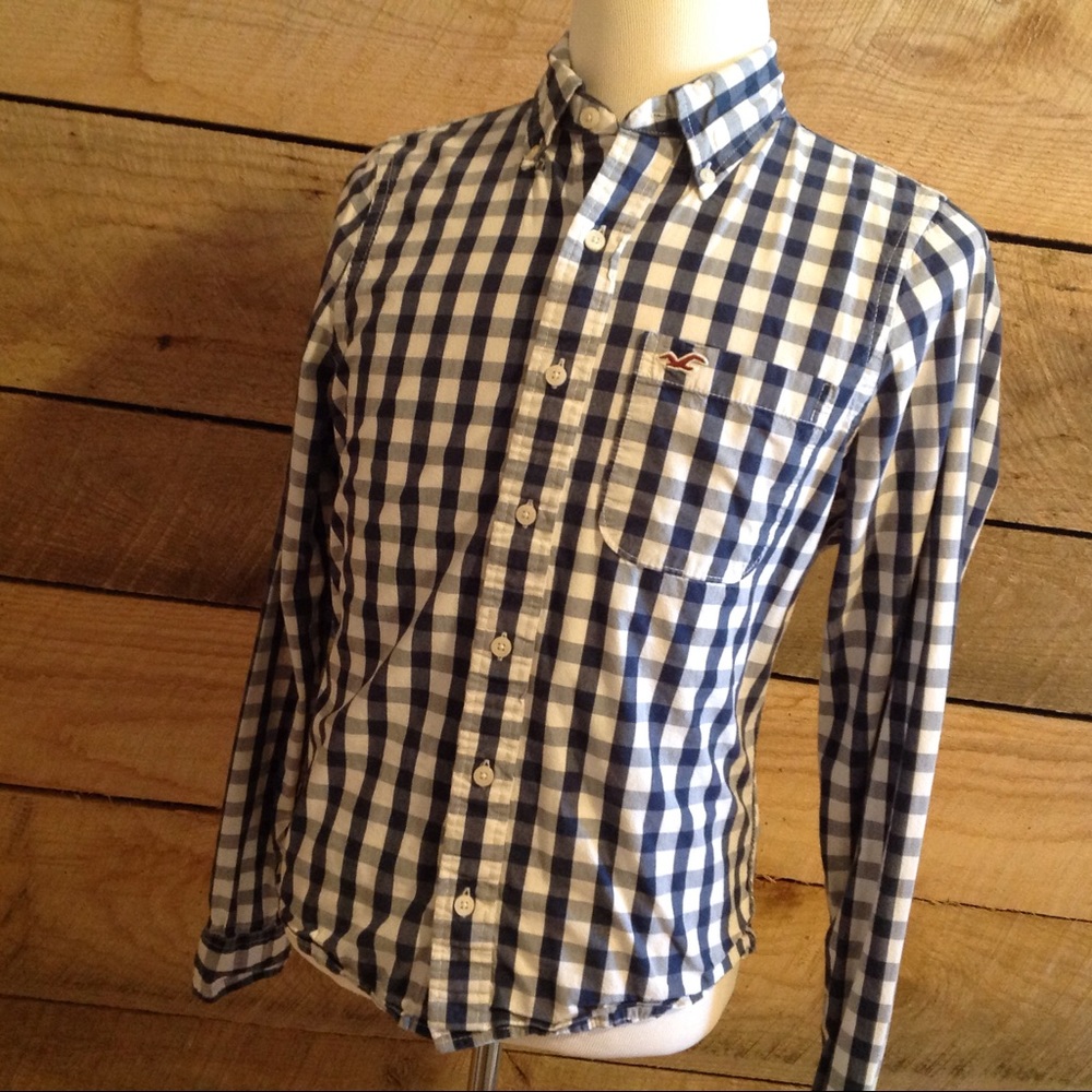Hollister Gingham Check Shirt Men L Blue Button